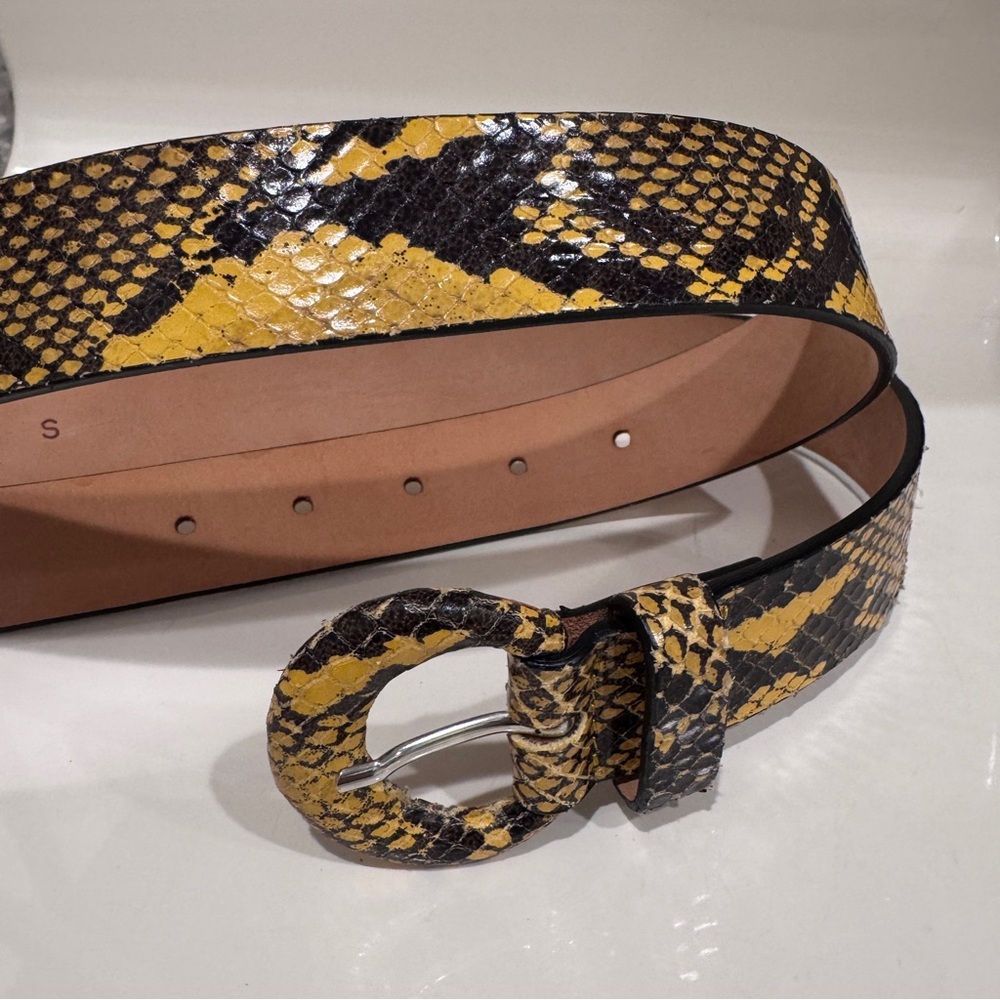Nordstrom Genuine Leather Belt Faux Snakeskin Muted Yellow Black Small New Y2K